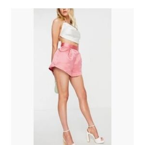 ASOS DESIGN Structured High Waist Satin Hotpant Micro Shorts in Blush Pink
